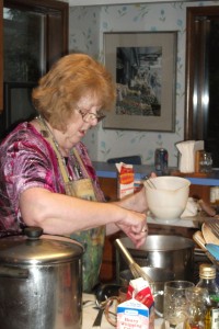 Sister, Merrilee making her famous turkey gravy...Yumm!